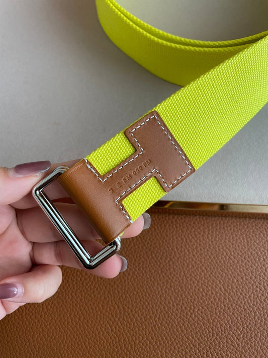 4.0CM YELLOW TEXTILE BROWN LEATHER H BELT