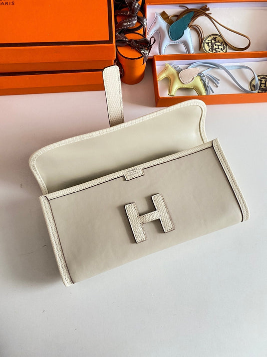 JIGE ELAN 29 CLUTCH IN BISQUE BEIGE CALFSKIN WITH LIZARD SKIN