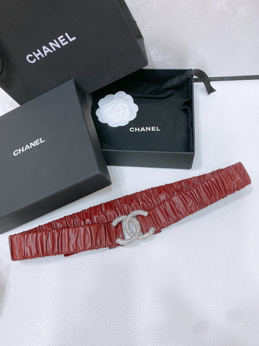 CC ELASTIC BELT 30MM IN WINE RED CALFSKIN SILVER HARDWARE WITH RHINSTONES