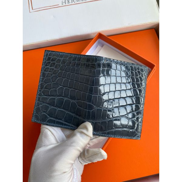 HERM MC² Euclide Card Holder in Blue Colvert Shiny Alligator Leather