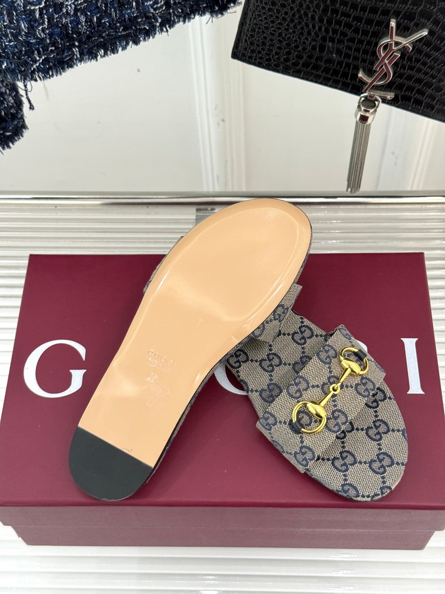 SLIDE SANDALS IN WARM BEIGE FABRIC EMBOSSED LOGO