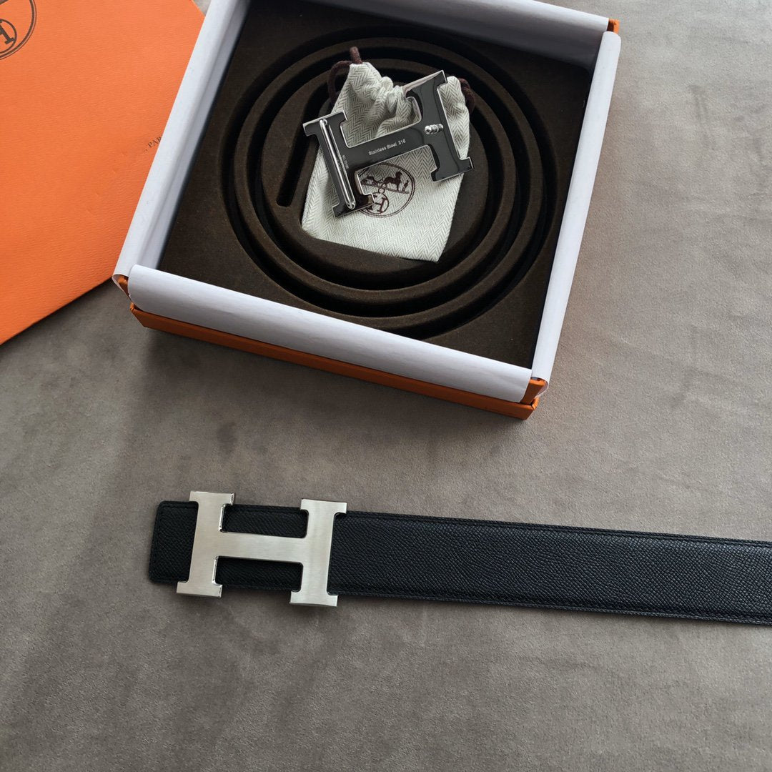 H CONTANCE BELT 38MM SILVER BUCKLE DARK BLUE LEATHER