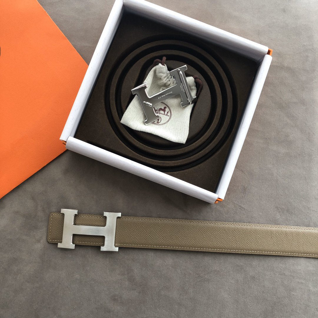H CONTANCE BELT 38MM SILVER BUCKLE GREY LEATHER