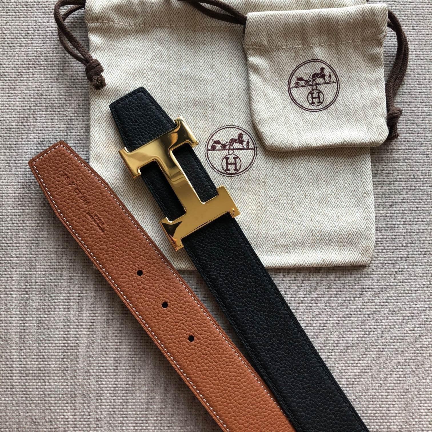 H CONTANCE BELT 38MM GOLD BUCKLE BROWN BLACK LEATHER