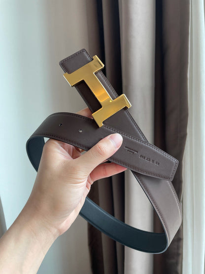 H CONSTANCE BELT 38MM GOLD BUCKLE BLACK CHOCOLATE LEATHER