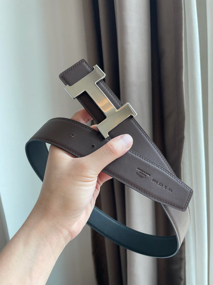 H CONSTANCE BELT 38MM SILVER BUCKLE BLACK CHOCOLATE LEATHER