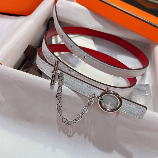 H SILVER BUCKLE WOMEN'S BELT WHITE RED LEATHER STRAP 1.3CM