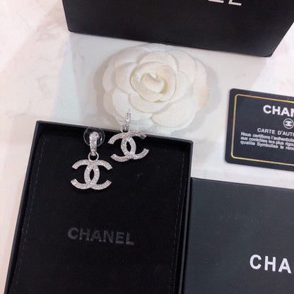 DOUBLE C STUD EARRINGS IN SILVER METAL FULL WHITE CRYSTALS