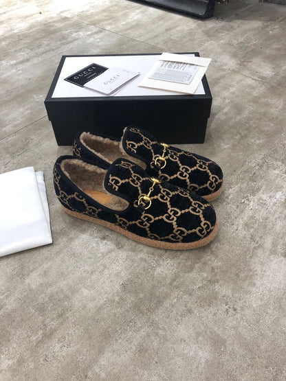 GG HORSEBIT LOAFER IN BLACK MIX YELLOW WOOL AND LAMB FUR LINING