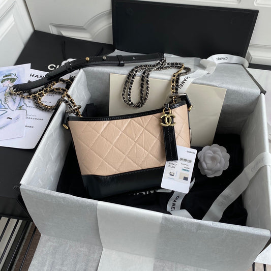 CC GABRIELLE MINI 20 HOBO BAG IN ALMOND BEIGE MIX BLACK CALFSKIN