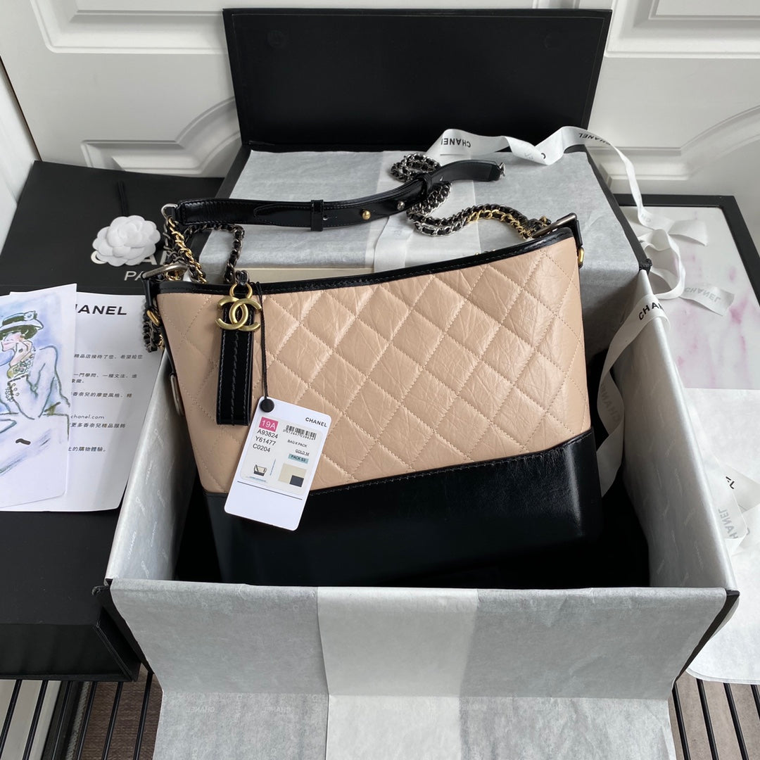 CC ABRIELLE MEDIUM 28 HOBO BAG IN ALMOND BEIGE MIX BLACK CALFSKIN