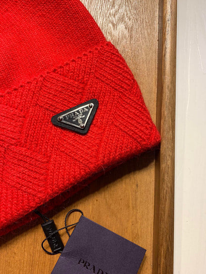 BEANIE HAT IN CHERRY RED WOOL AND RABBIT FUR 361436