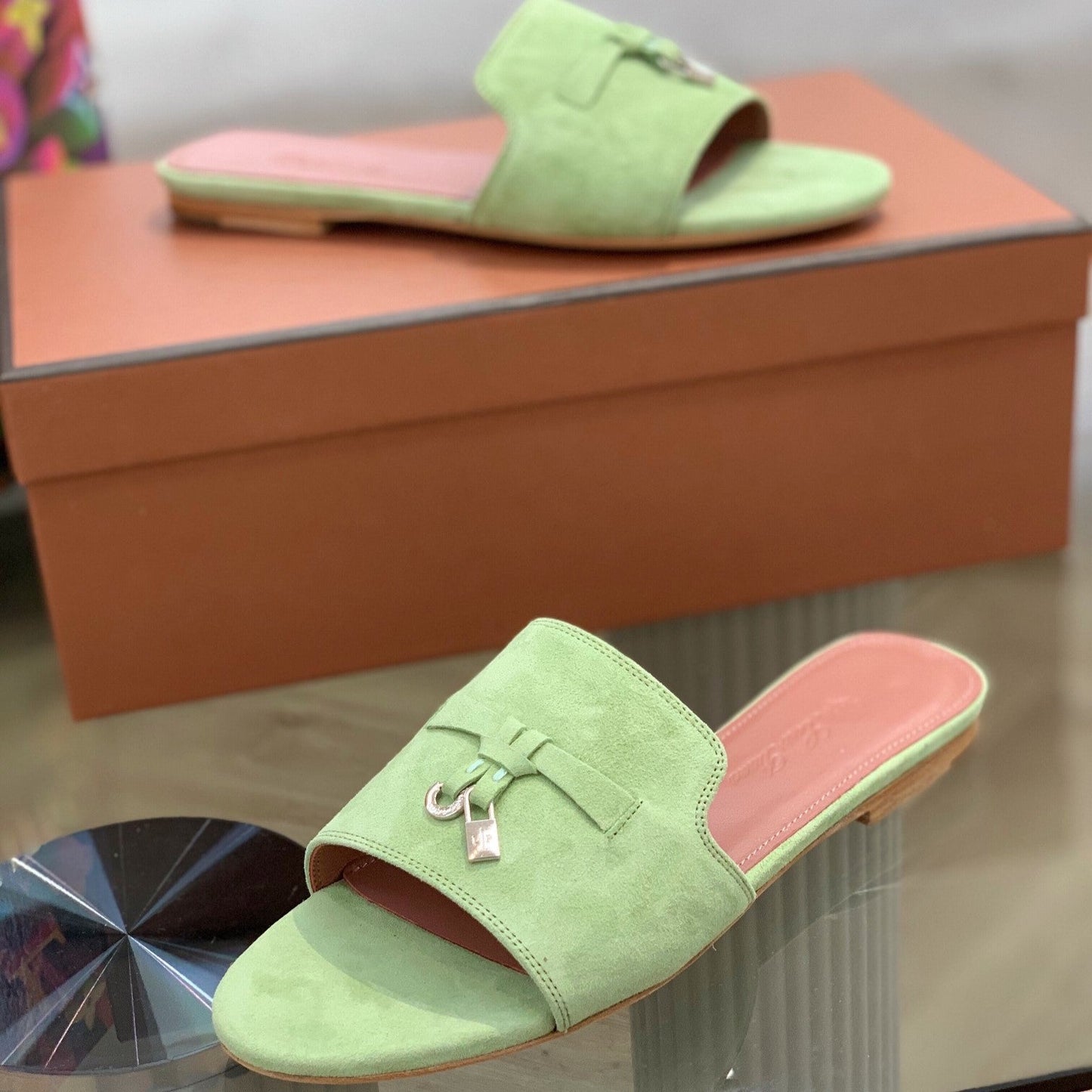 Summer Charms Sandals in Green Suede Pink Lambskin