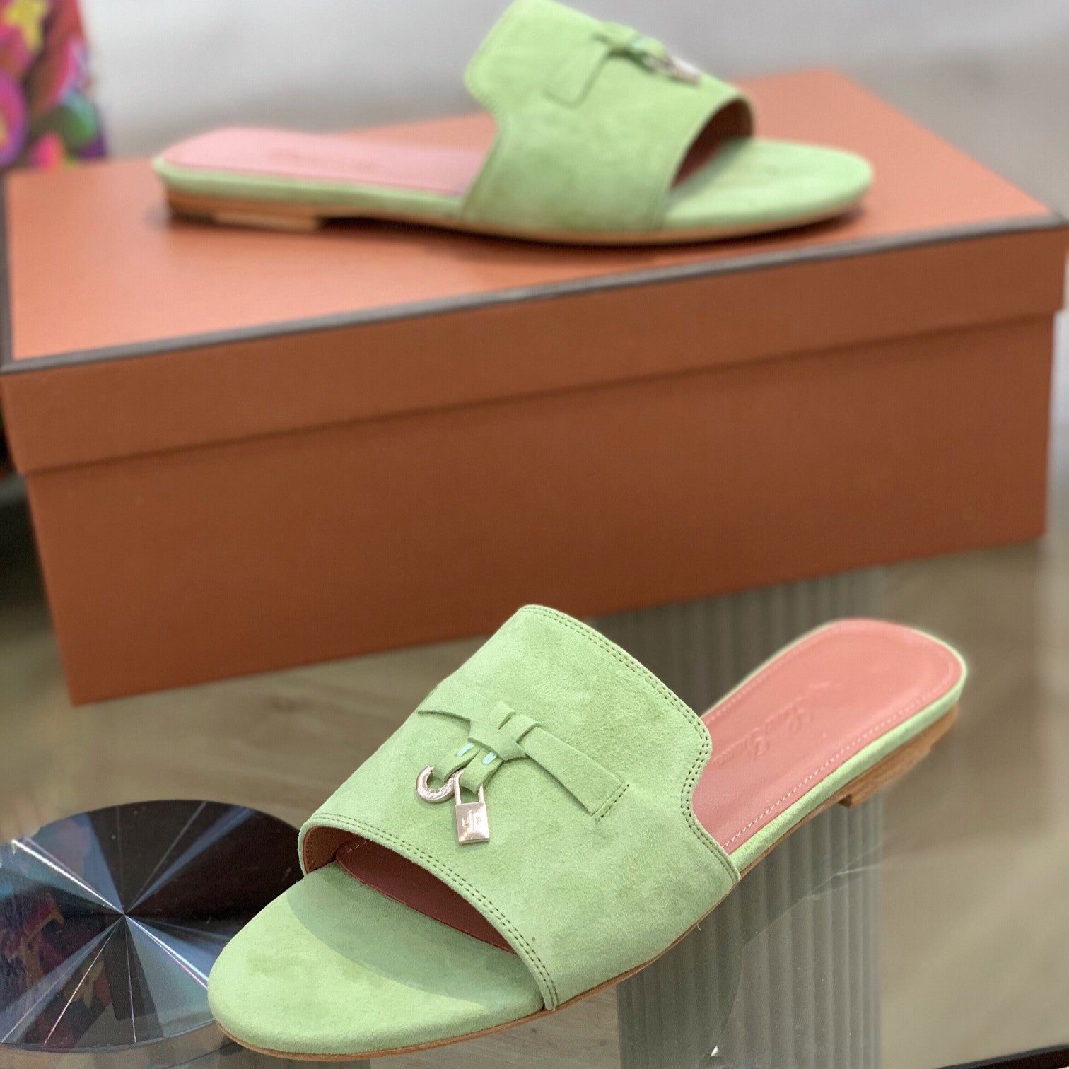 Summer Charms Sandals in Green Suede Pink Lambskin
