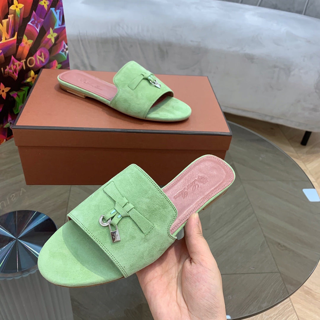 Summer Charms Sandals in Green Suede Pink Lambskin