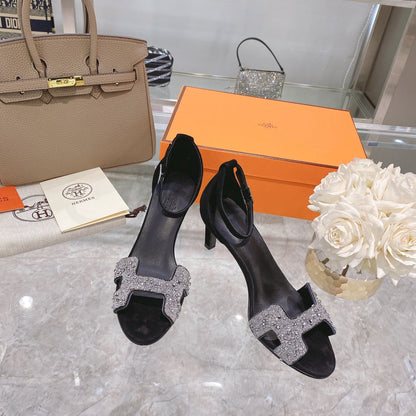 PREMIERE 70 SANDAL IN BLACK SUEDE WITH WHITE CRYSTALS
