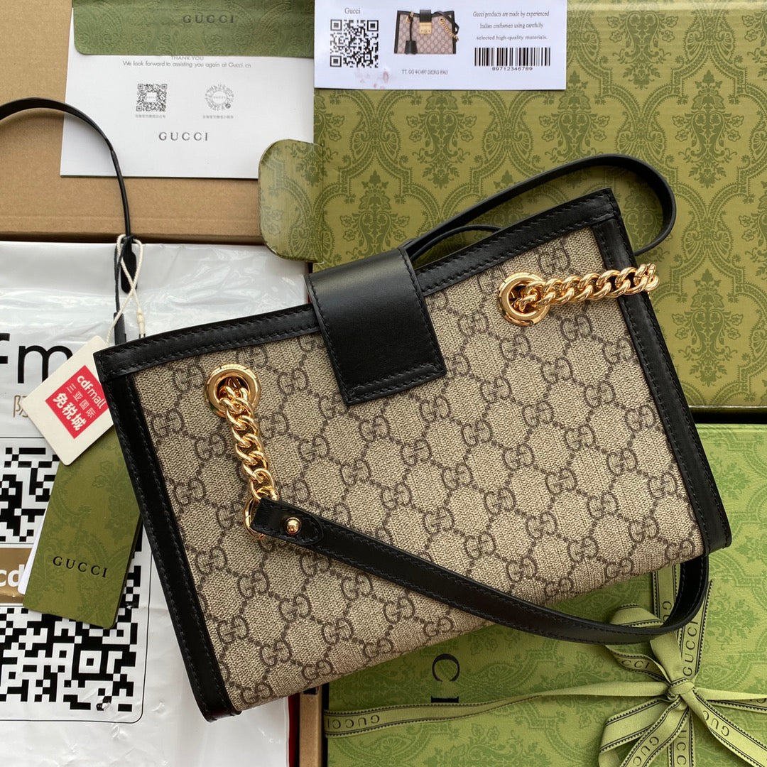 GG PADLOCK MEDIUM 26 SHOULDER BAG BEIGE CANVAS AND BLACK CALFSKIN