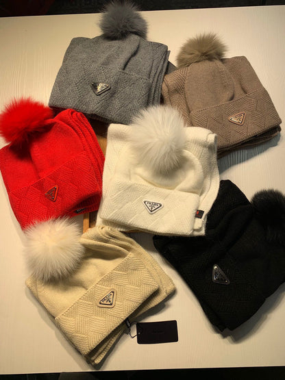 SET SCARF AND HAT IN BISQUE BEIGE WOOL AND RABBIT FUR 416365
