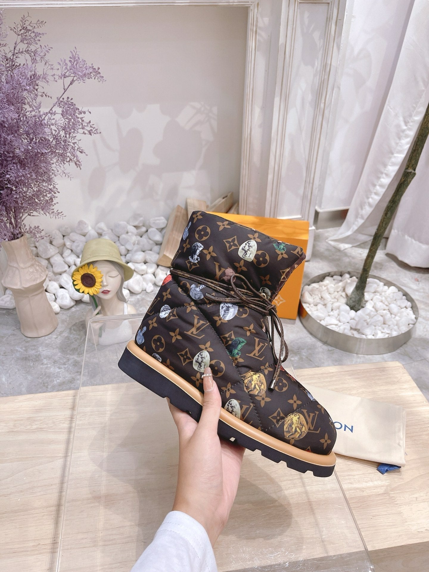 PILLOW COMFORT ANKLE BOOTS IN CHOCOLATE BROWN MONOGRAM NYLON