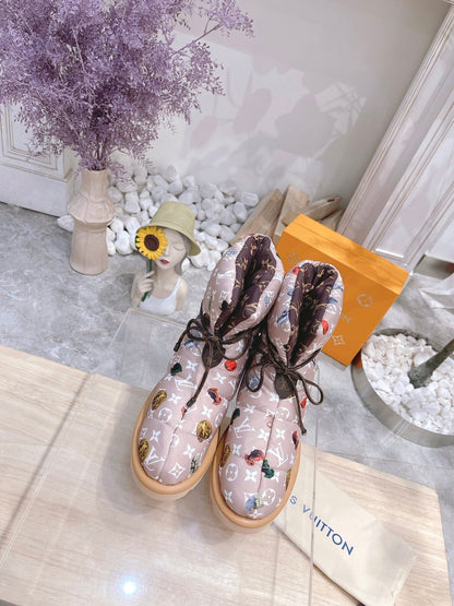 PILLOW COMFORT ANKLE BOOTS IN ROSY BROWN MIX WHITE MONOGRAM NYLON