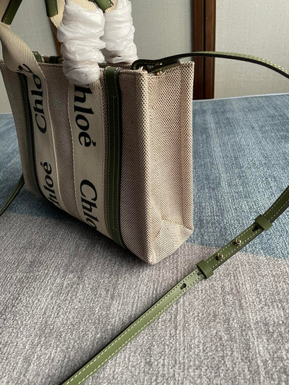 SMALL STRAP WOODY TOTE BAG 26.5 IN BEIGE LINEN CANVAS BLACK WEBBING LOGO EMBROIDER GREEN CALFSKIN