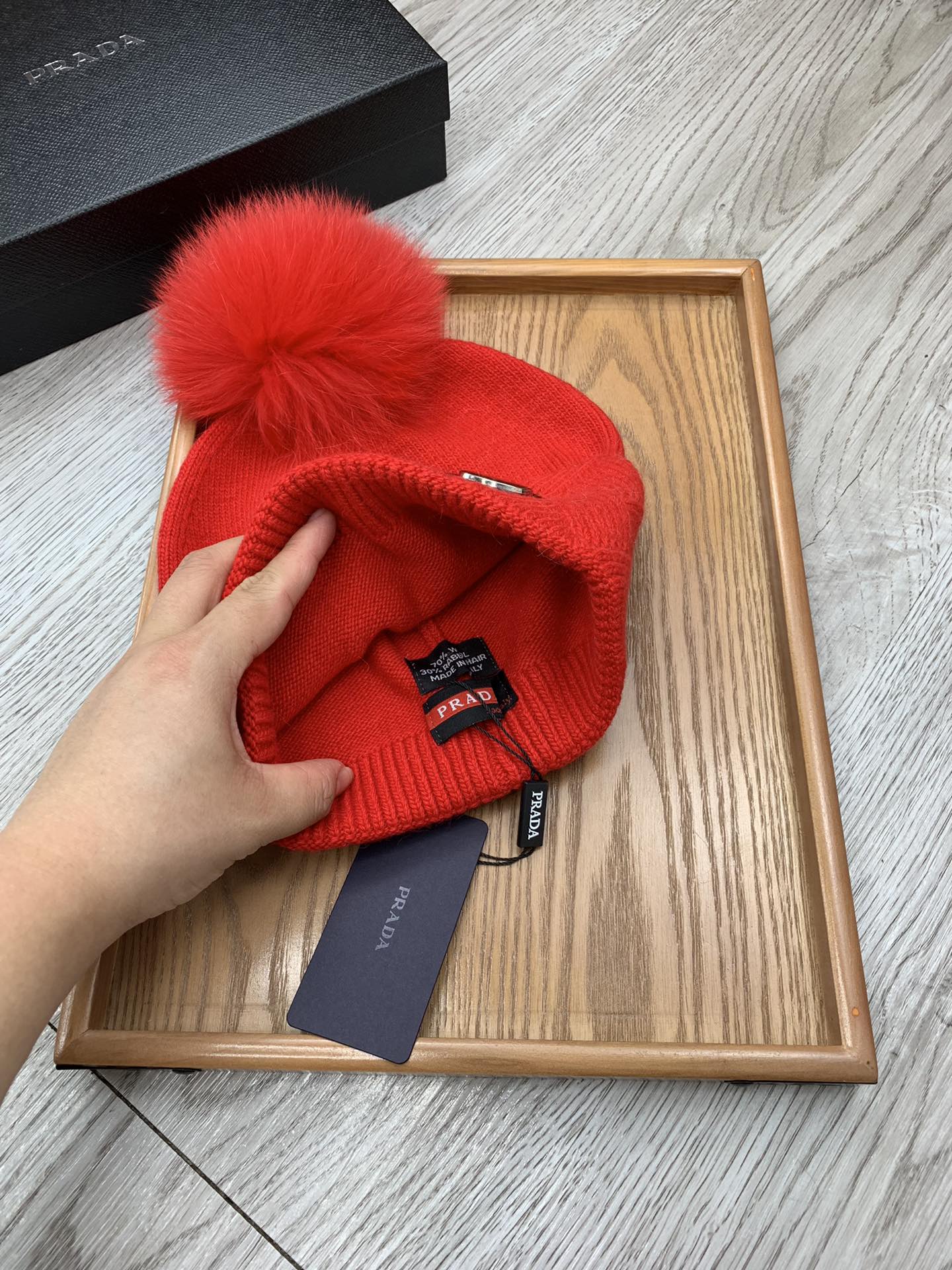 BEANIE HAT IN CHERRY RED WOOL AND RABBIT FUR 346718