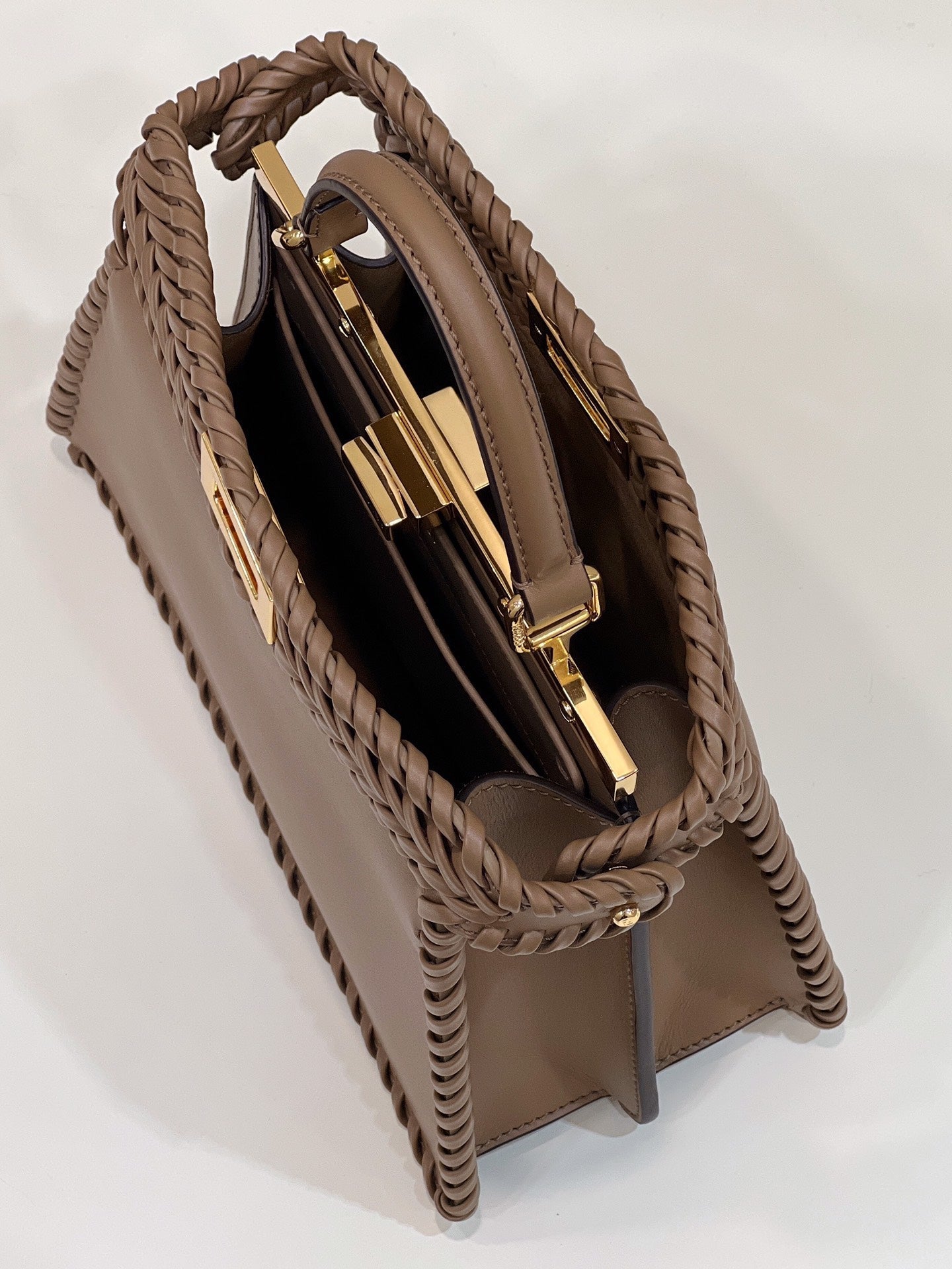 PEEKABOO ISEEU 27 IN BROWN SMOOTH CALFSKIN WITH WOVEN TRIM GOLD HARDWARE