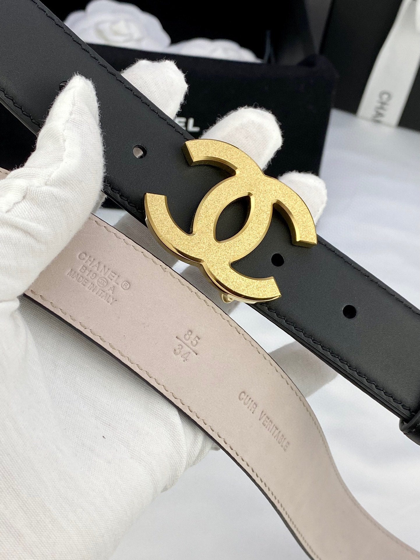 DOUBLE C BELT 30MM IN BLACK CALFSKIN METAL BUCKLE