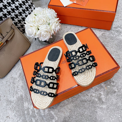 STRAW SOLE SLIPPERS BLACK LAMBSKIN