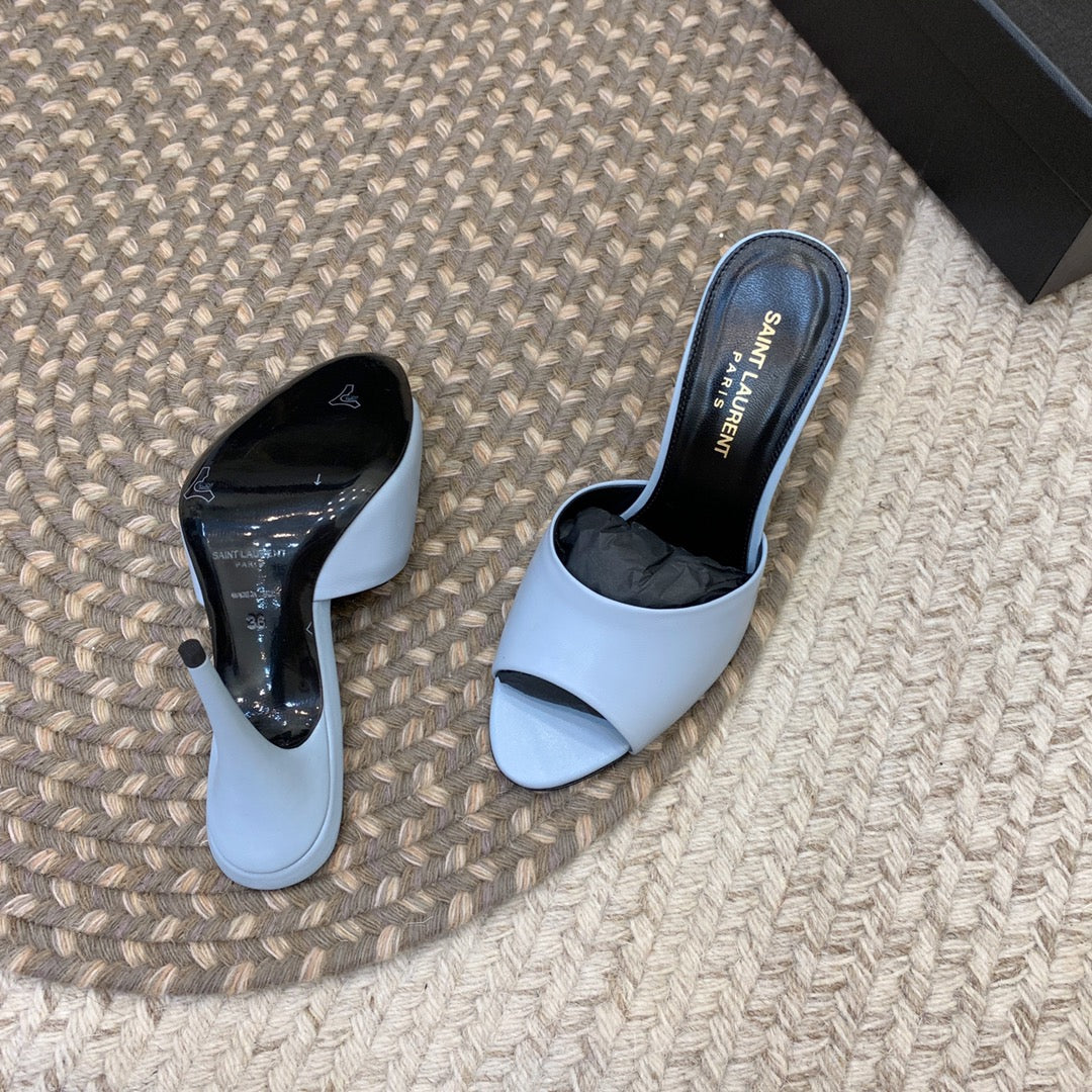 LA 16 HEELED MULES IN SKY BLUE SMOOTH LAMBSKIN