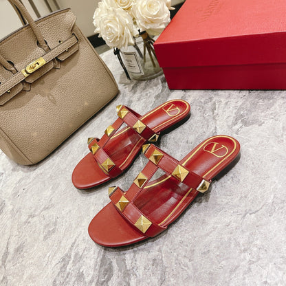 ROMAN STUD CHERRY RED CALFSKIN FLAT SLIDE SANDAL 25 MM