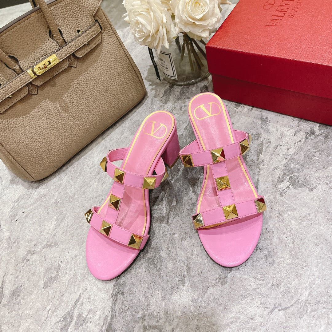 ROMAN STUD BRIGHT PINK CALFSKIN SLIDE SANDAL 60 MM