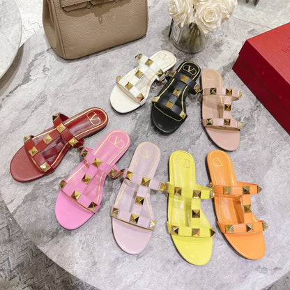 ROMAN STUD BRIGHT YELLOW CALFSKIN FLAT SLIDE SANDAL 25 MM