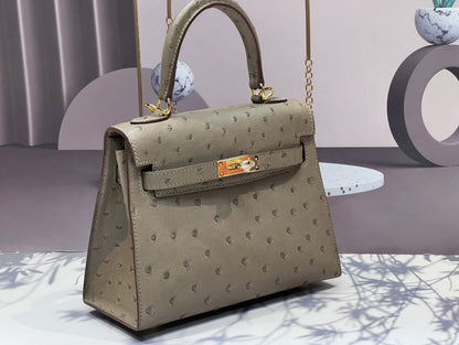 KELLY BAG 20 IN KHAKI BEIGE OSTRICH LEATHER WITH GOLD HARDWARE