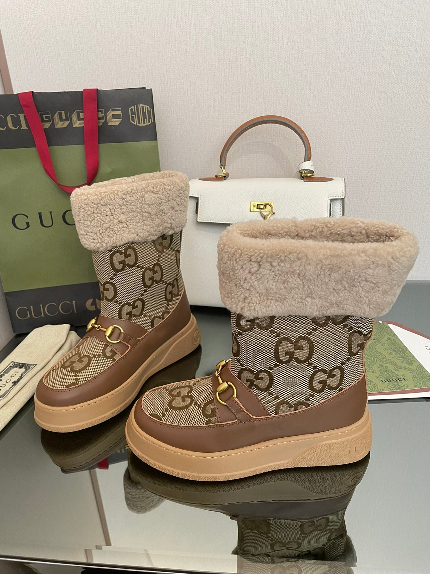 HORSEBIT SNOW ANKLE BOOTS IN ECRU BEIGE MONOGRAM JACQUARD FABRIC MIX BROWN CALFSKIN AND LAMB WOOL LINING