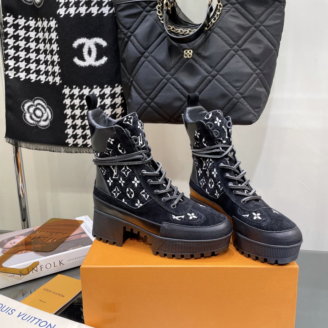 LAUREATE PLATFORM BOOTS IN BLACK MIX WHITE SUEDE AND MONOGRAM JACQUARD PATTERN