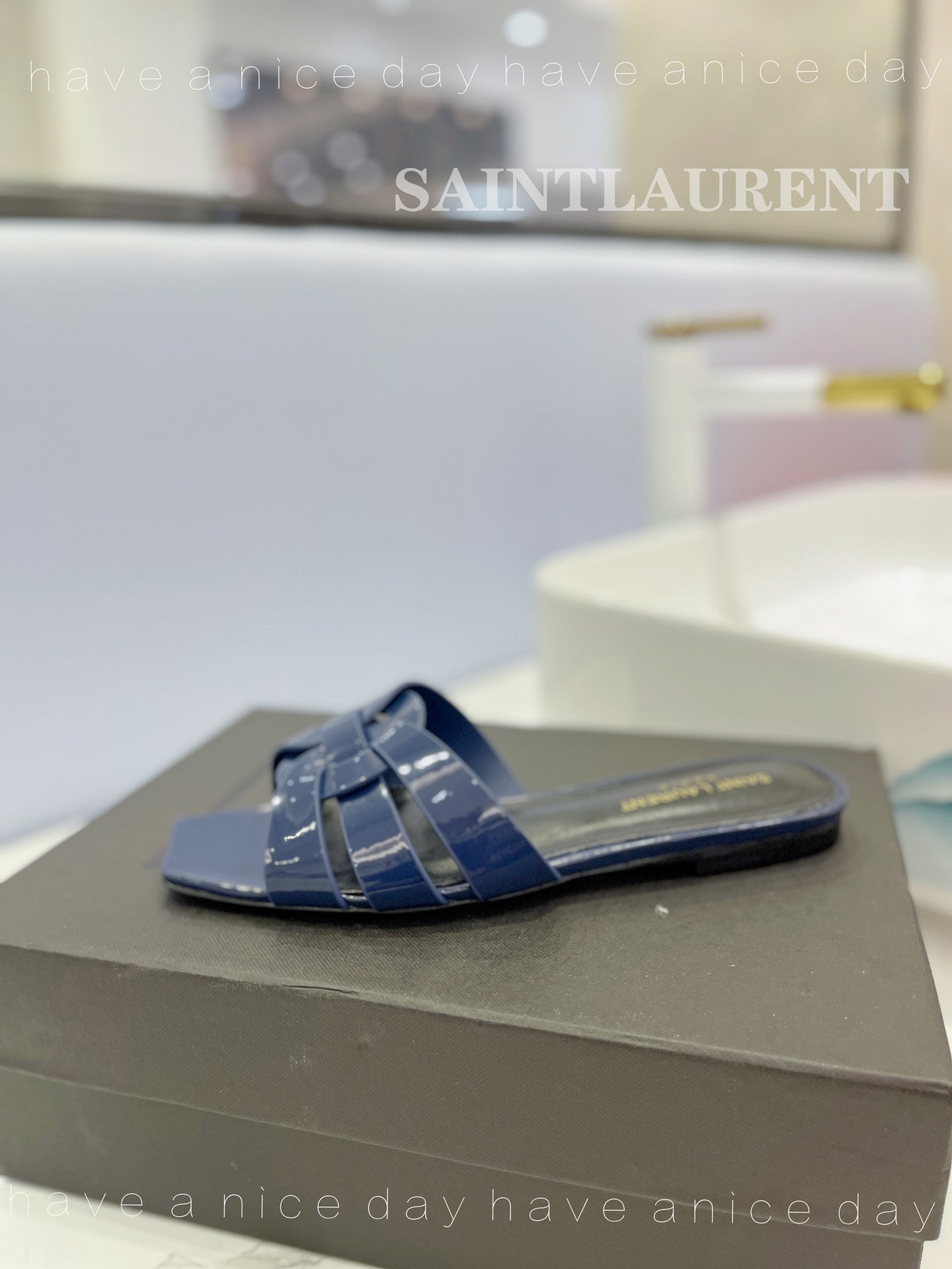 SL TRIBUTE SLIPPERS GLOSSY NAVY CALFSKIN