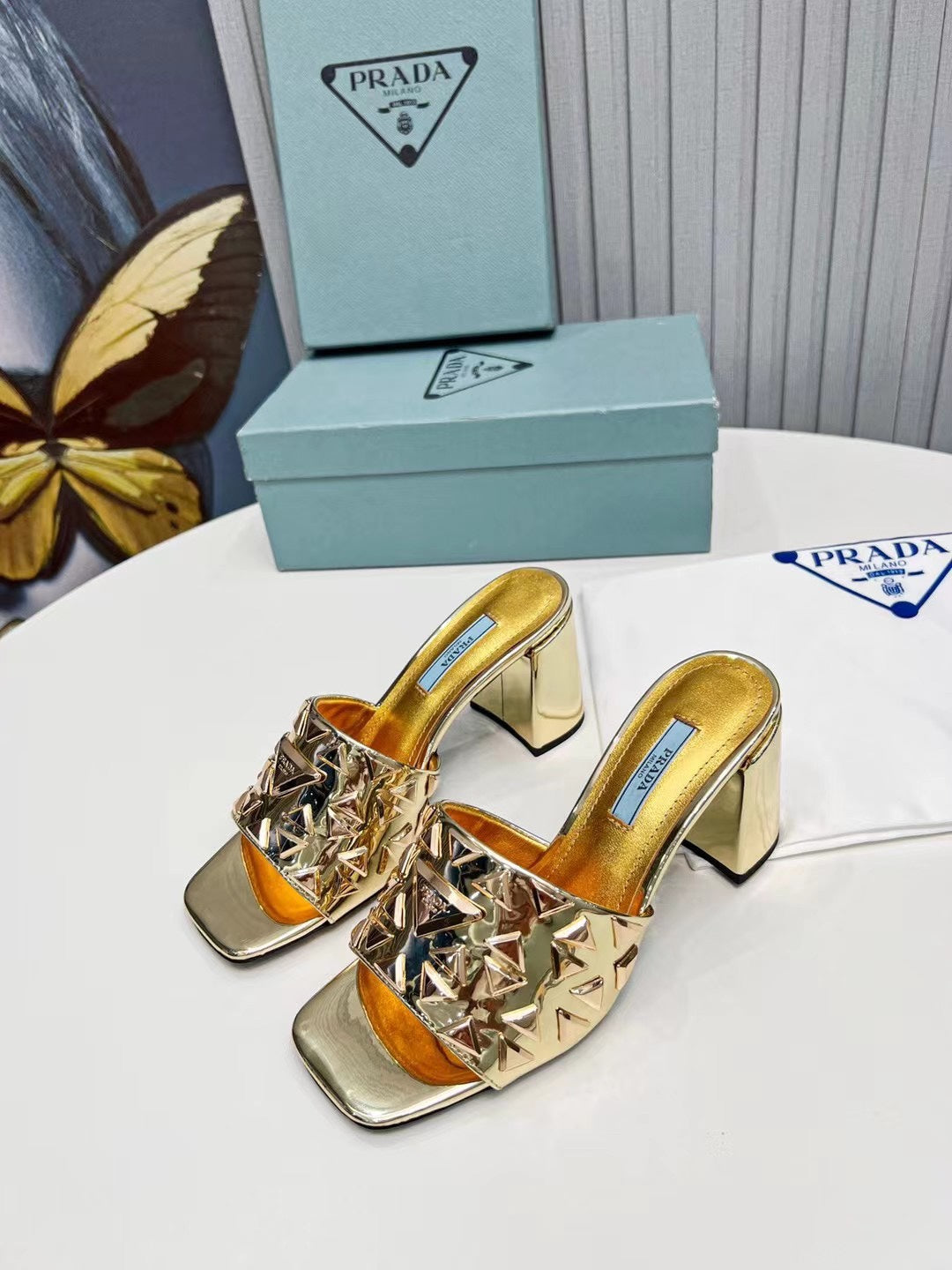 PRA EMBROIDERED SANDALS 65 METALLIC GOLD CALFSKIN