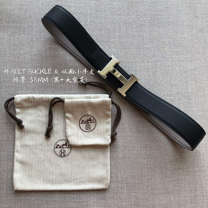 HM BELT BUCKLE & REVERSIBLE BLACK AND TAN BROWN LEATHER STRAP 38MM SILVER HARDWARE