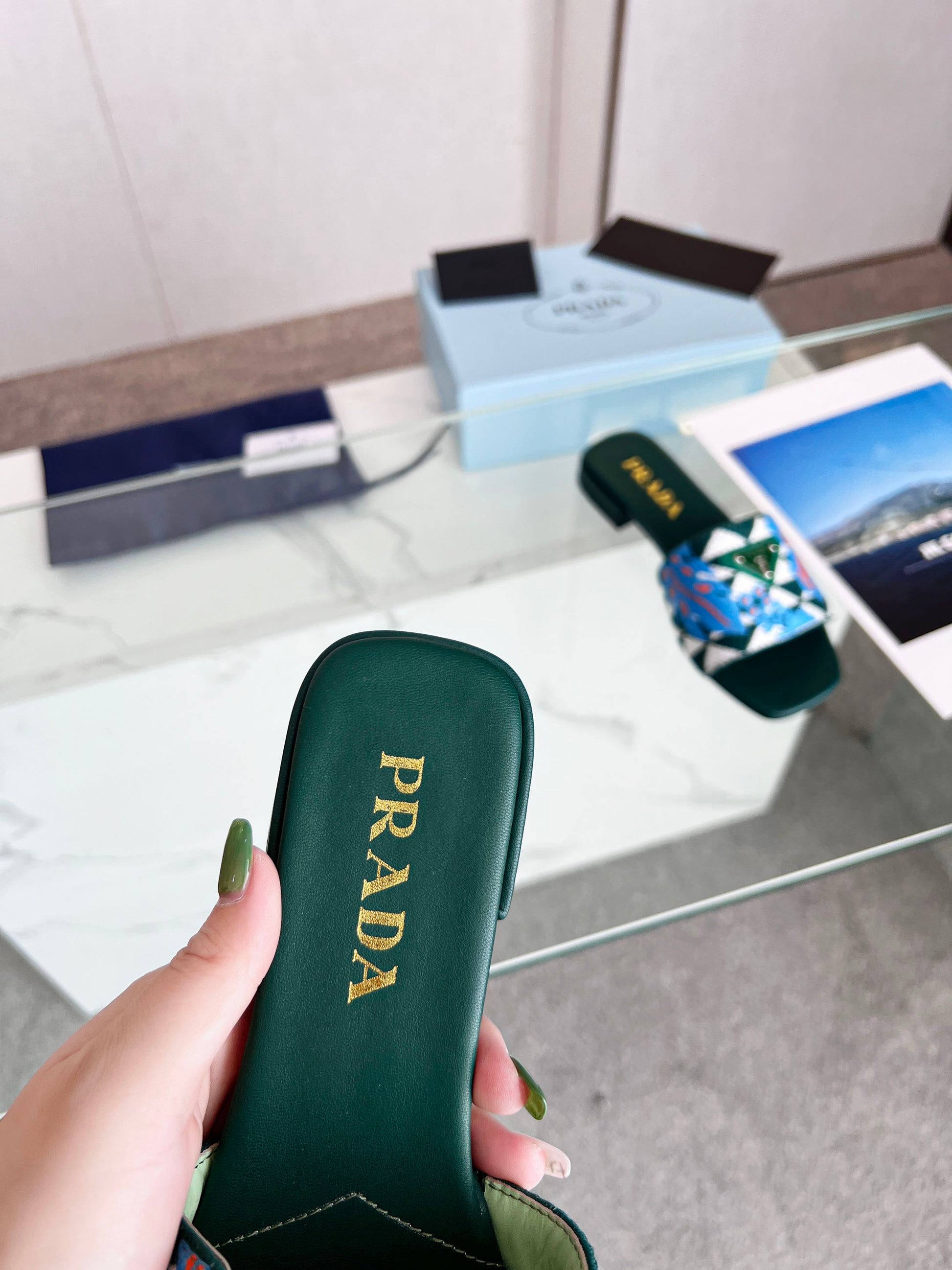 PRA EMBROIDERED SLIDES FLAT CASTLETON GREEN FABRIC