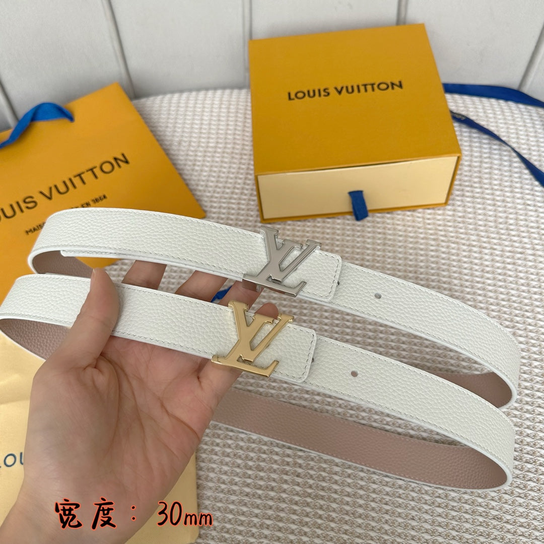 LV 30 MM BELTS IN WHITE AND PINK PASTEL CALFSKIN SILVER HARDWARE