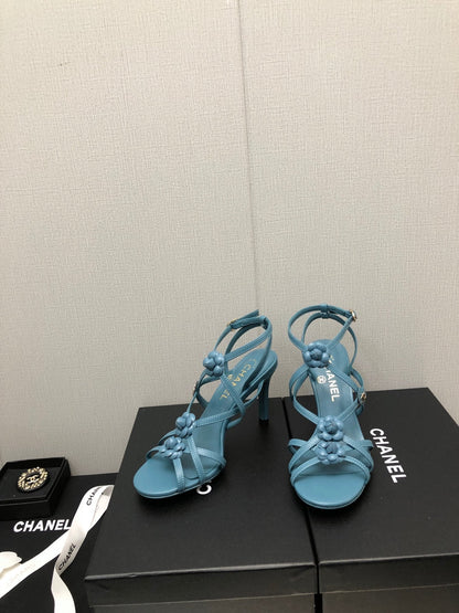 FLORAL HIGH HEEL SANDAL IN SAPPHIRE BLUE LAMBSKIN