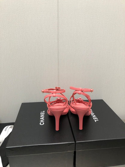 FLORAL HIGH HEEL SANDAL IN DARK PINK LAMBSKIN