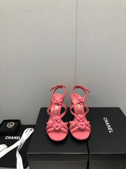 FLORAL HIGH HEEL SANDAL IN DARK PINK LAMBSKIN