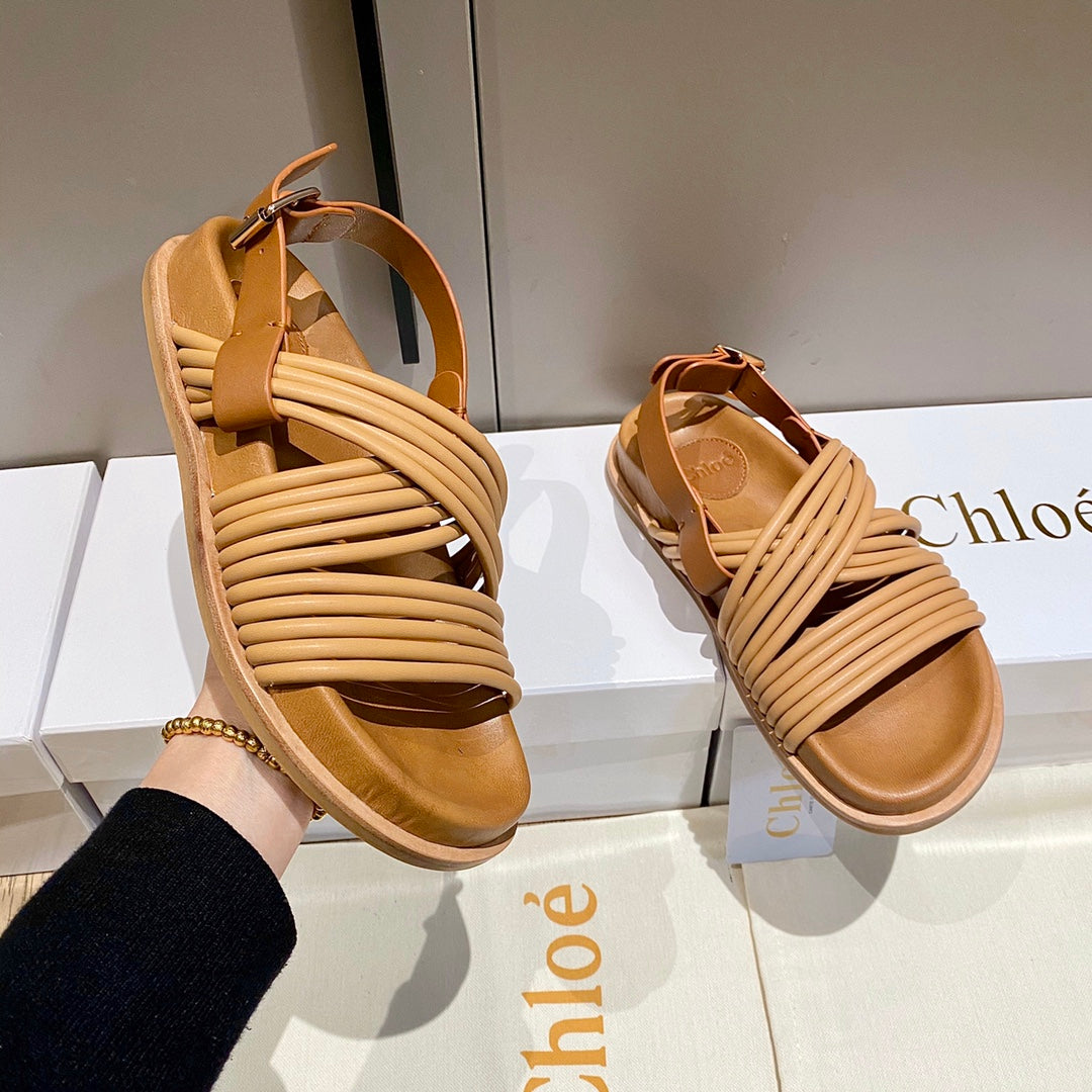 CROSS STRAP SANDAL IN BRONZE BROWN RUBBER WITH GOLD HARDWARE