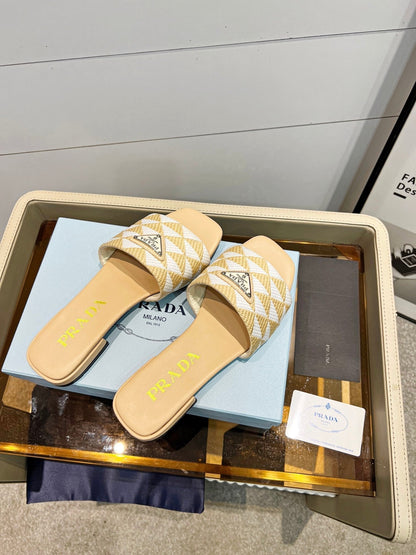PRA EMBROIDERED SLIDES FLAT BEIGE FABRIC