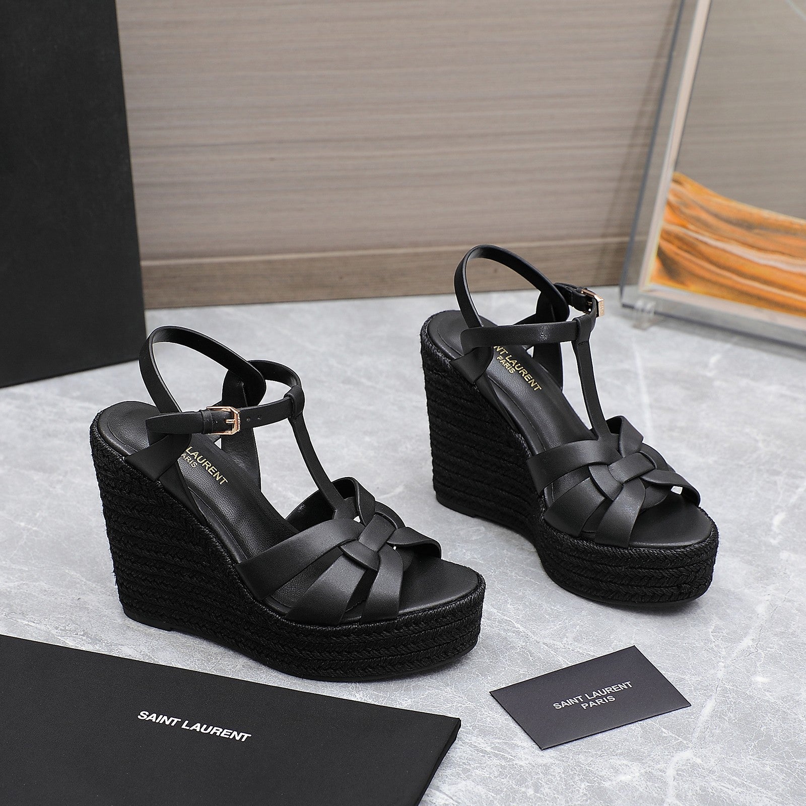 SL TRIBUTE WEDGE SANDALS BLACK CALFSKIN