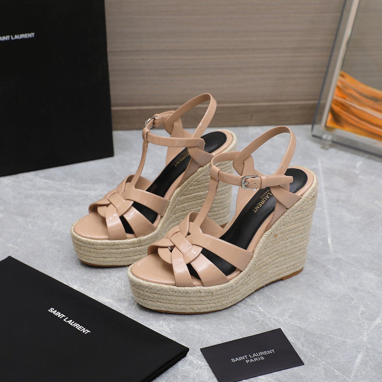 SL TRIBUTE WEDGE SANDALS PINK NUDE POLISHED CALFSKIN