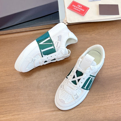 VL7N LOW-TOP WHITE CALFSKIN AND PINE GREEN FABRIC SNEAKER WITH BANDS