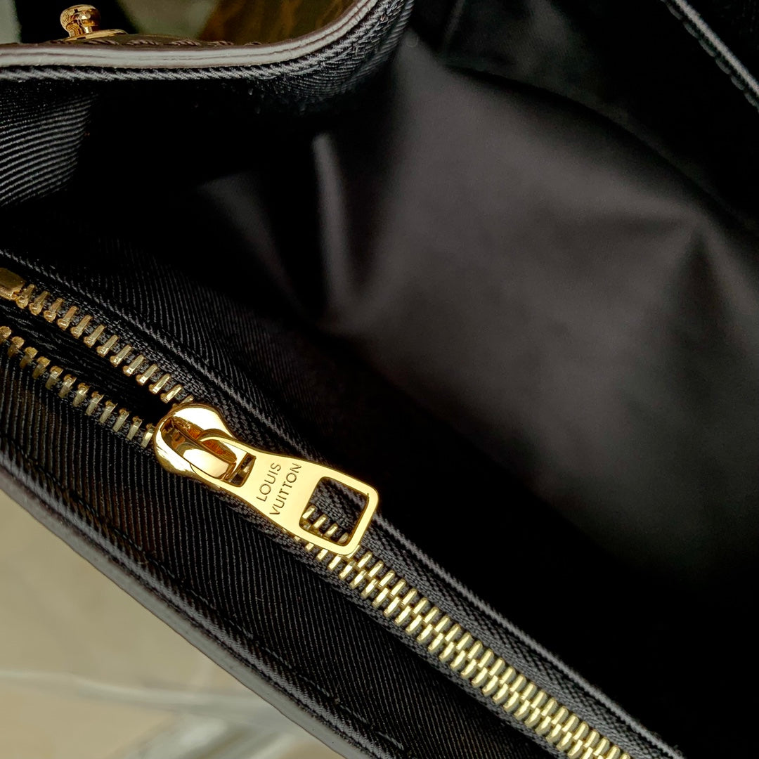 CLUNY MM HANDBAG 28 IN BROWN MONOGRAM CALFSKIN BEIGE BLACK EMBROIDERED LOGO CANVAS